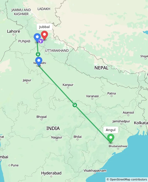Route map showing distance and travel time from Angul, India to Jubbal, India