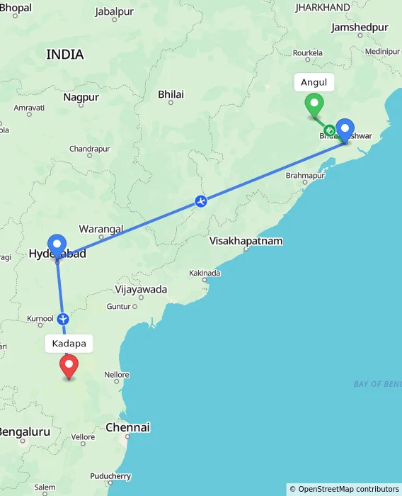 Route map showing distance and travel time from Angul, India to Kadapa, India