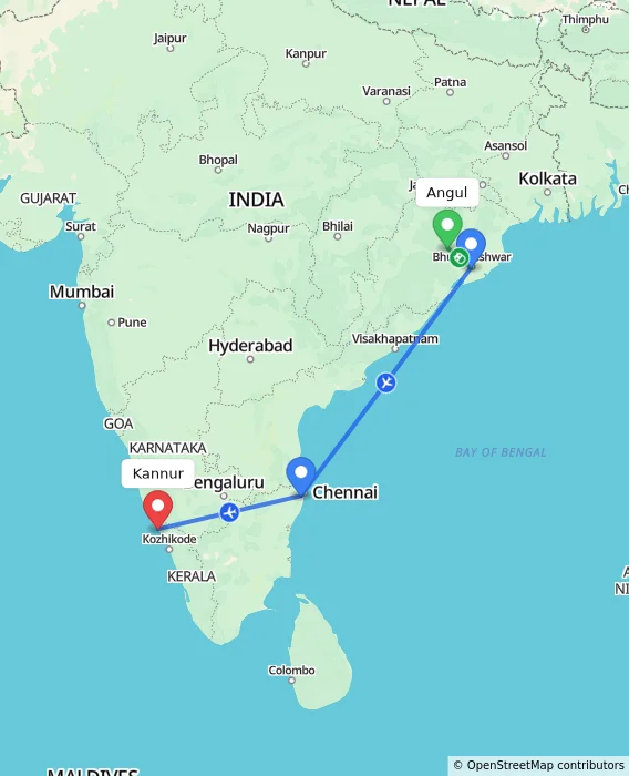 Route map showing distance and travel time from Angul, India to Kannur, India