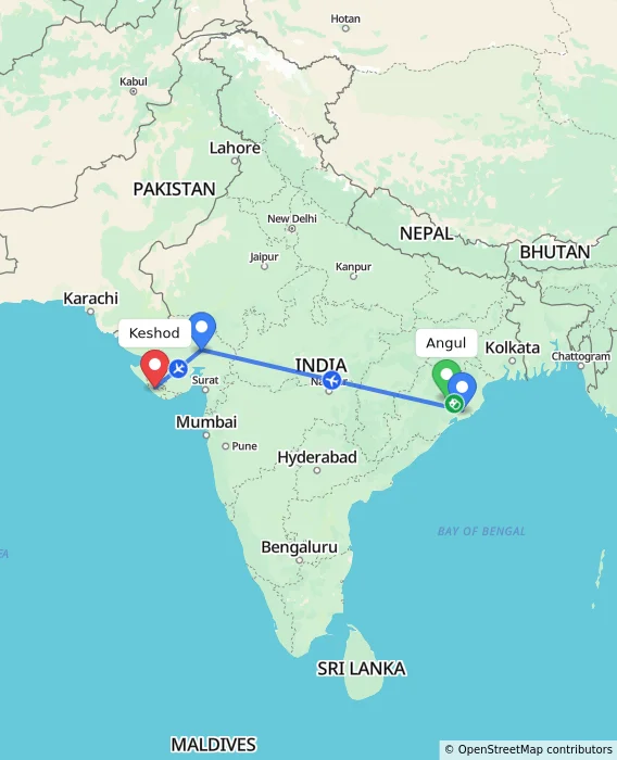 Route map showing distance and travel time from Angul, India to Keshod, India