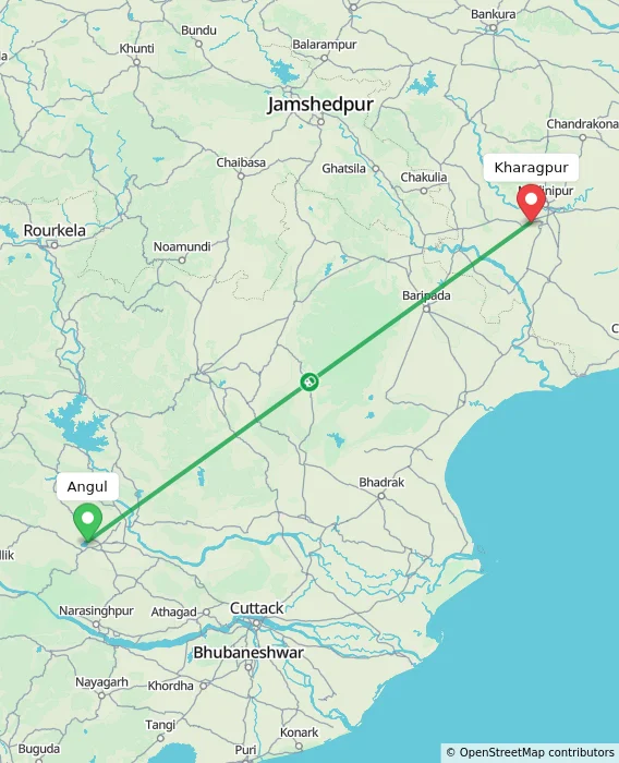 Route map showing distance and travel time from Angul, India to Kharagpur, India