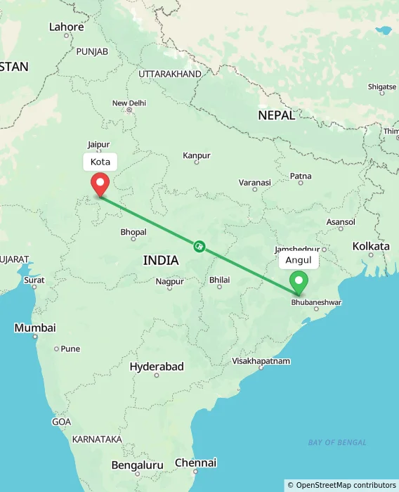 Route map showing distance and travel time from Angul, India to Kota, India