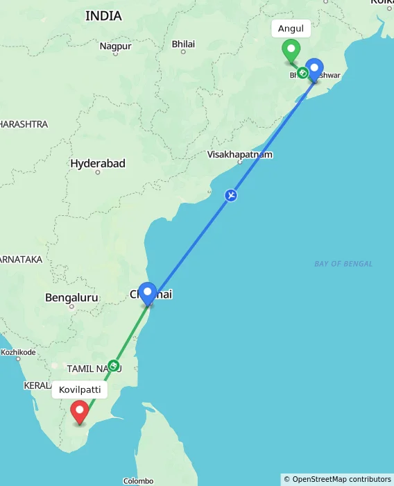 Route map showing distance and travel time from Angul, India to Kovilpatti, India