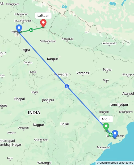 Route map showing distance and travel time from Angul, India to Lalkuan, India