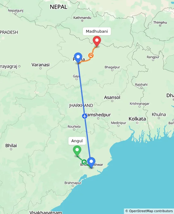 Route map showing distance and travel time from Angul, India to Madhubani, India