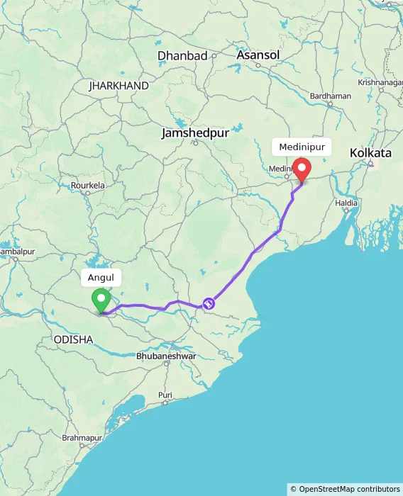 Route map showing distance and travel time from Angul, India to Medinipur, India