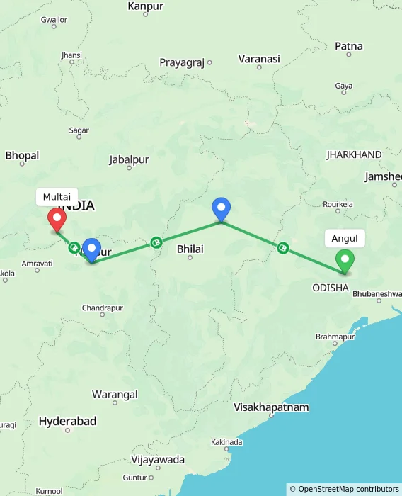 Route map showing distance and travel time from Angul, India to Multai, India