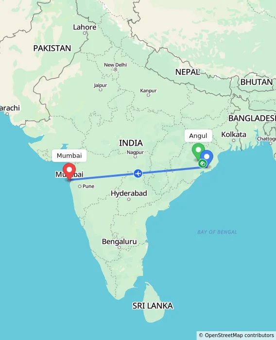 Route map showing distance and travel time from Angul, India to Mumbai, India