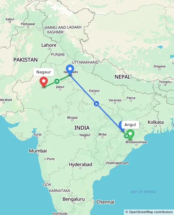 Route map showing distance and travel time from Angul, India to Nagaur, India