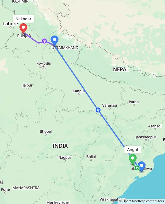 Route map showing distance and travel time from Angul, India to Nakodar, India