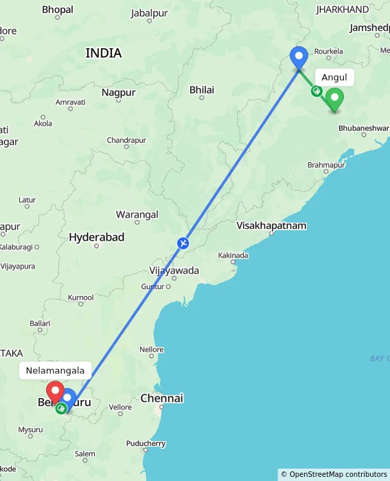 Route map showing distance and travel time from Angul, India to Nelamangala, India
