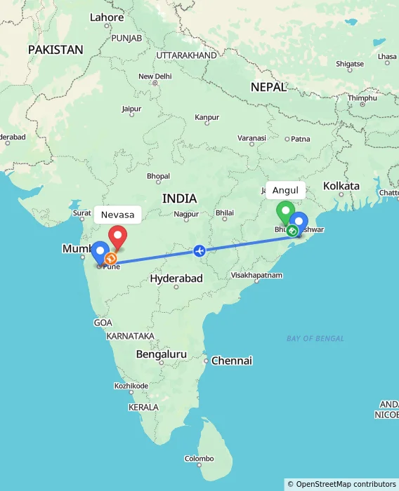 Route map showing distance and travel time from Angul, India to Nevasa, India