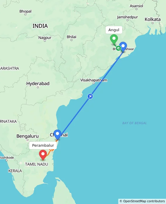 Route map showing distance and travel time from Angul, India to Perambalur, India