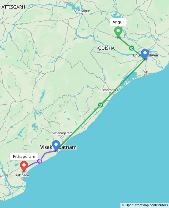 Route map showing distance and travel time from Angul, India to Pithapuram, India