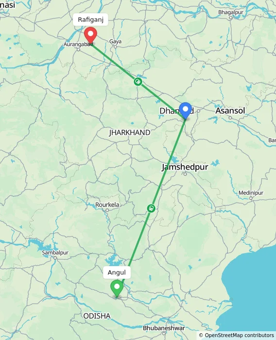 Route map showing distance and travel time from Angul, India to Rafiganj, India
