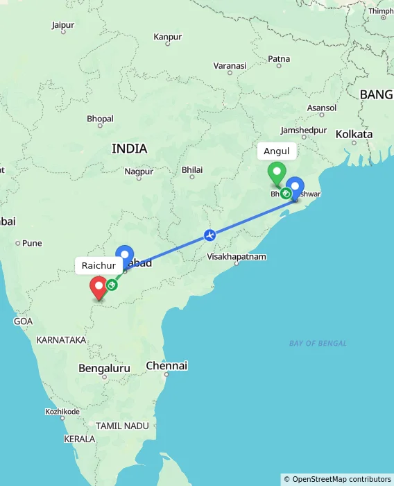 Route map showing distance and travel time from Angul, India to Raichur, India