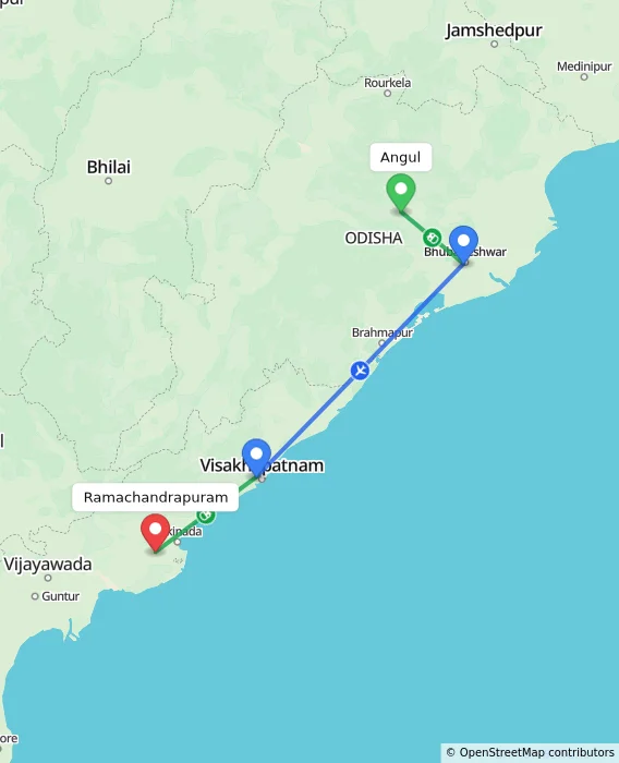 Route map showing distance and travel time from Angul, India to Ramachandrapuram, India