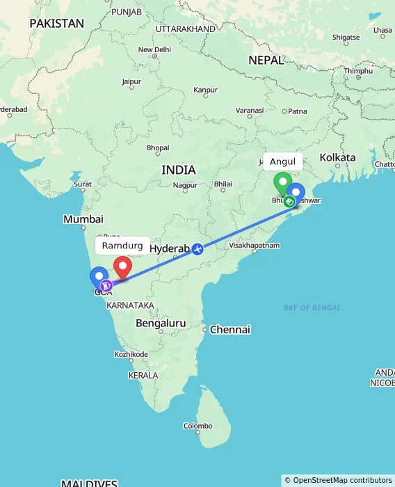 Route map showing distance and travel time from Angul, India to Ramdurg, India