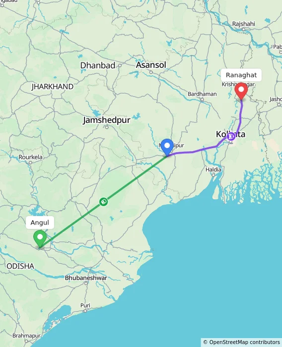 Route map showing distance and travel time from Angul, India to Ranaghat, India