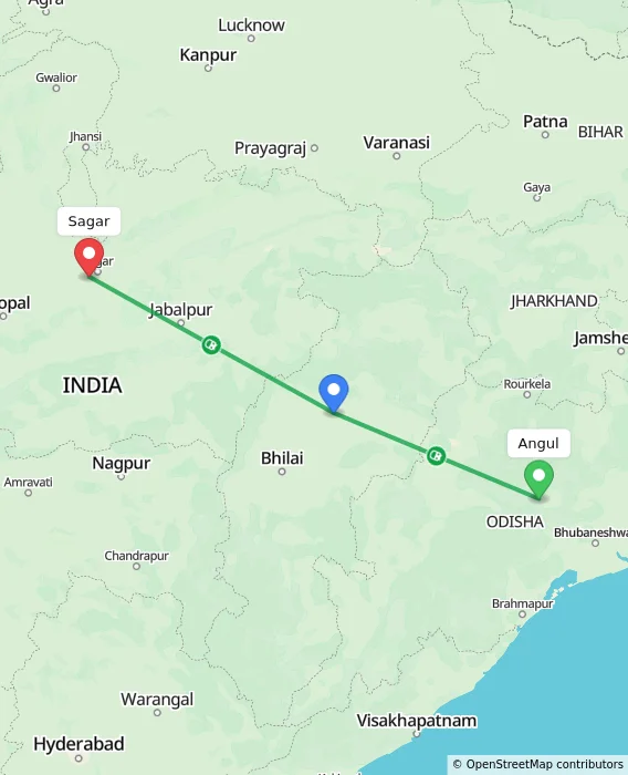 Route map showing distance and travel time from Angul, India to Sagar, India