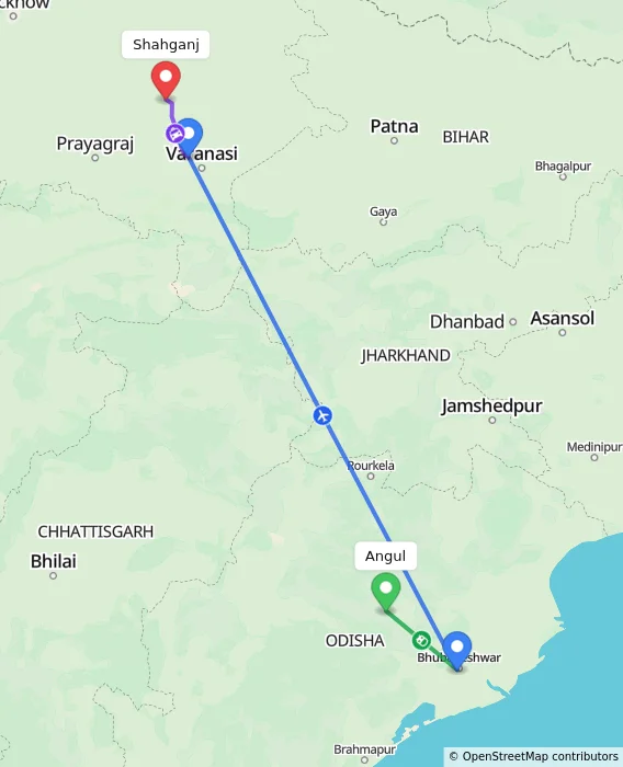 Route map showing distance and travel time from Angul, India to Shahganj, India
