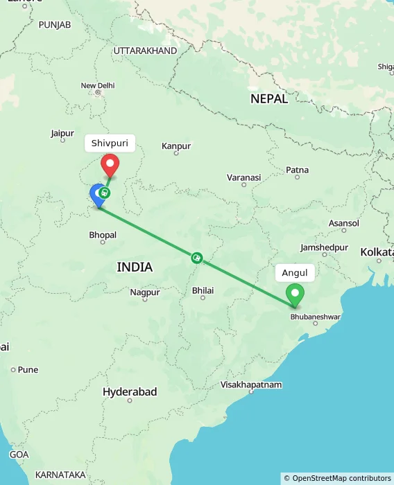 Route map showing distance and travel time from Angul, India to Shivpuri, India