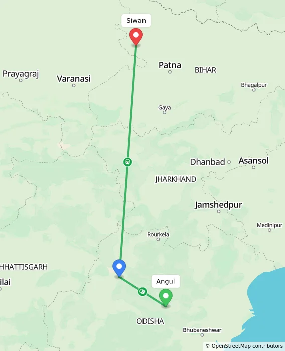 Route map showing distance and travel time from Angul, India to Siwan, India