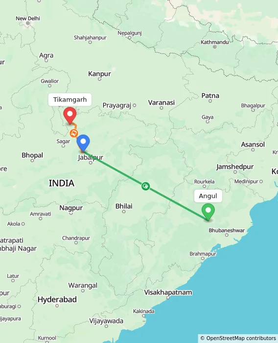 Route map showing distance and travel time from Angul, India to Tikamgarh, India