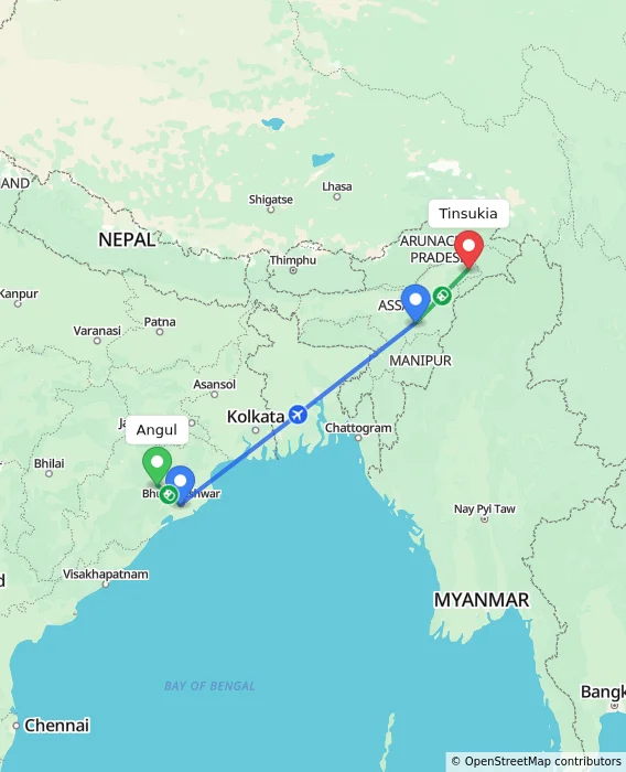 Route map showing distance and travel time from Angul, India to Tinsukia, India