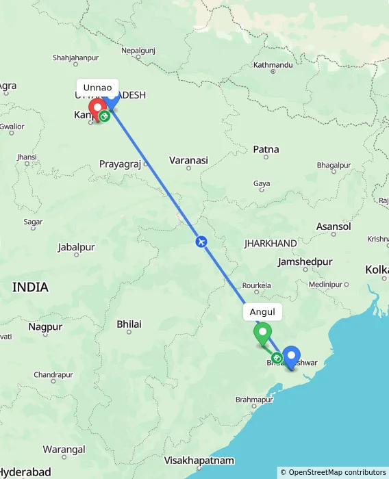 Route map showing distance and travel time from Angul, India to Unnao, India