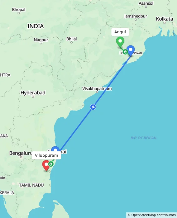 Route map showing distance and travel time from Angul, India to Viluppuram, India