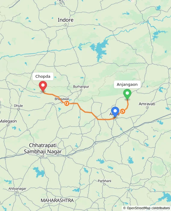 Route map showing distance and travel time from Anjangaon, India to Chopda, India