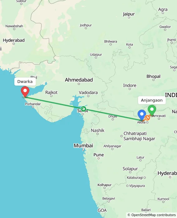 Route map showing distance and travel time from Anjangaon, India to Dwarka, India