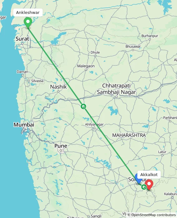 Route map showing distance and travel time from Ankleshwar, India to Akkalkot, India