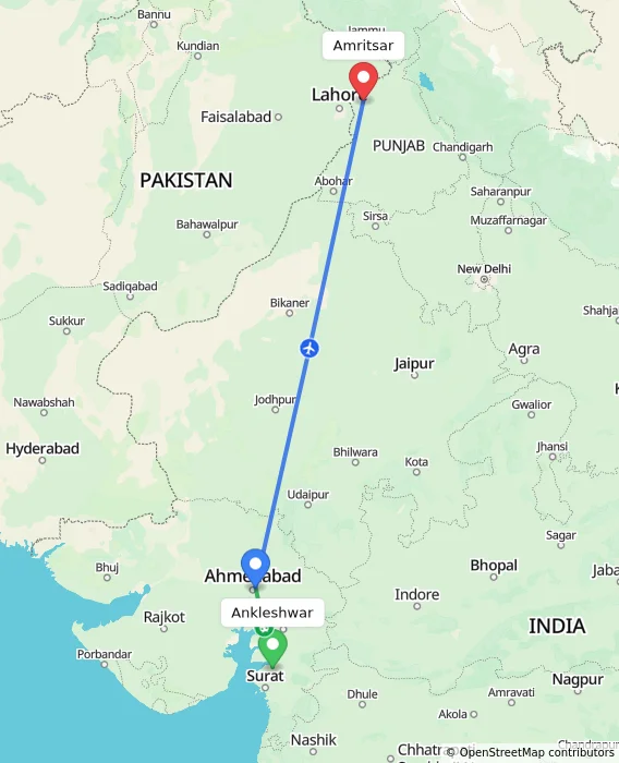 Route map showing distance and travel time from Ankleshwar, India to Amritsar, India