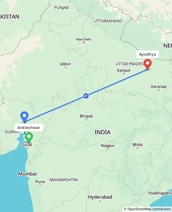 Route map showing distance and travel time from Ankleshwar, India to Ayodhya, India