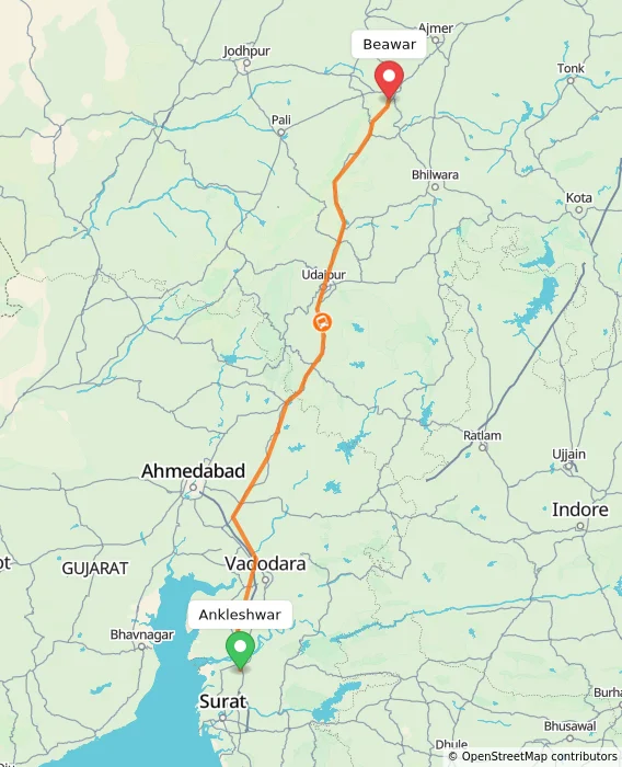 Route map showing distance and travel time from Ankleshwar, India to Beawar, India