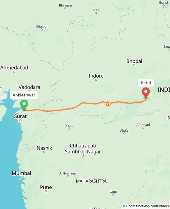 Route map showing distance and travel time from Ankleshwar, India to Betul, India