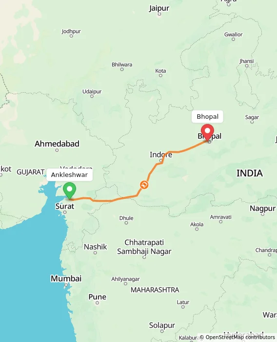 Route map showing distance and travel time from Ankleshwar, India to Bhopal, India