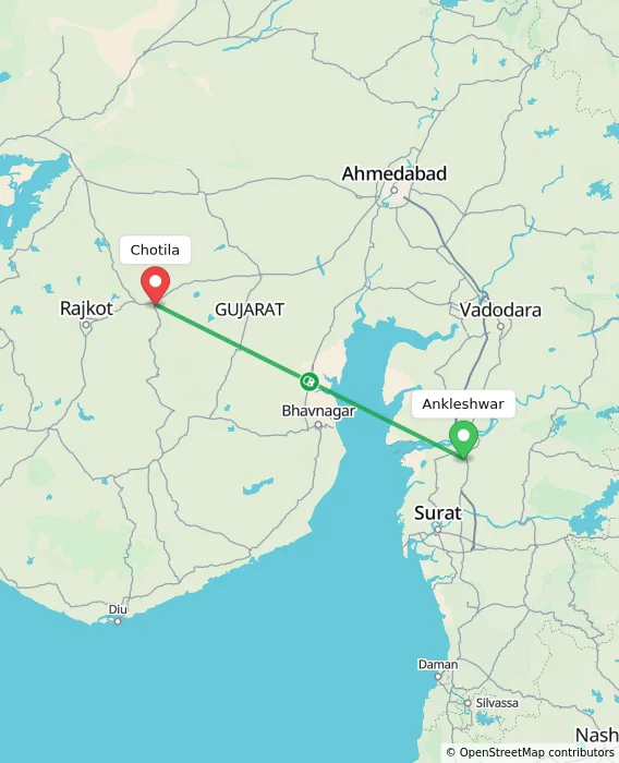Route map showing distance and travel time from Ankleshwar, India to Chotila, India