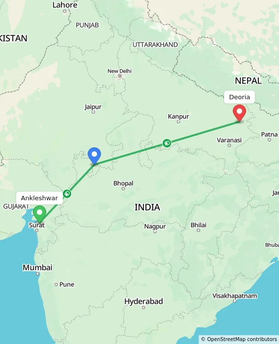 Route map showing distance and travel time from Ankleshwar, India to Deoria, India