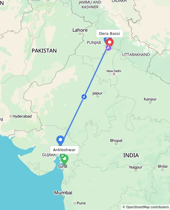 Route map showing distance and travel time from Ankleshwar, India to Dera Bassi, India