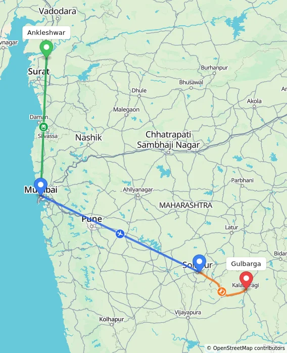 Route map showing distance and travel time from Ankleshwar, India to Gulbarga, India
