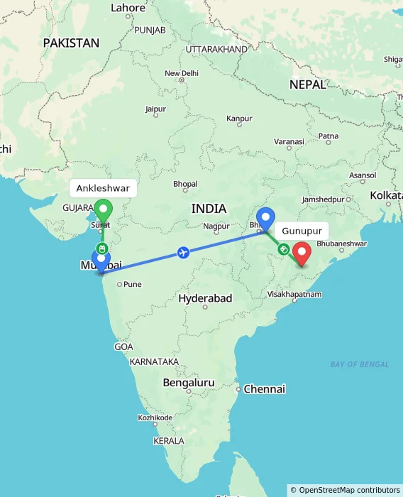 Route map showing distance and travel time from Ankleshwar, India to Gunupur, India