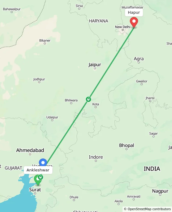 Route map showing distance and travel time from Ankleshwar, India to Hapur, India