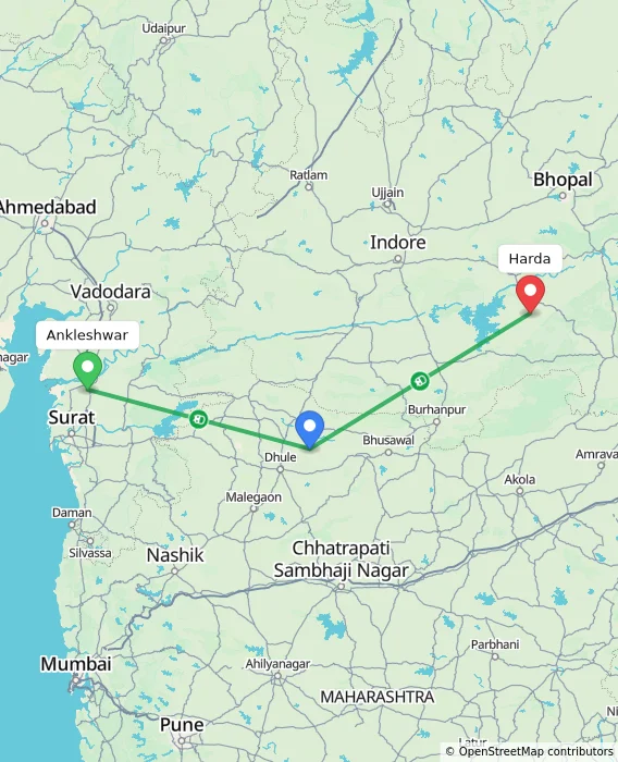 Route map showing distance and travel time from Ankleshwar, India to Harda, India