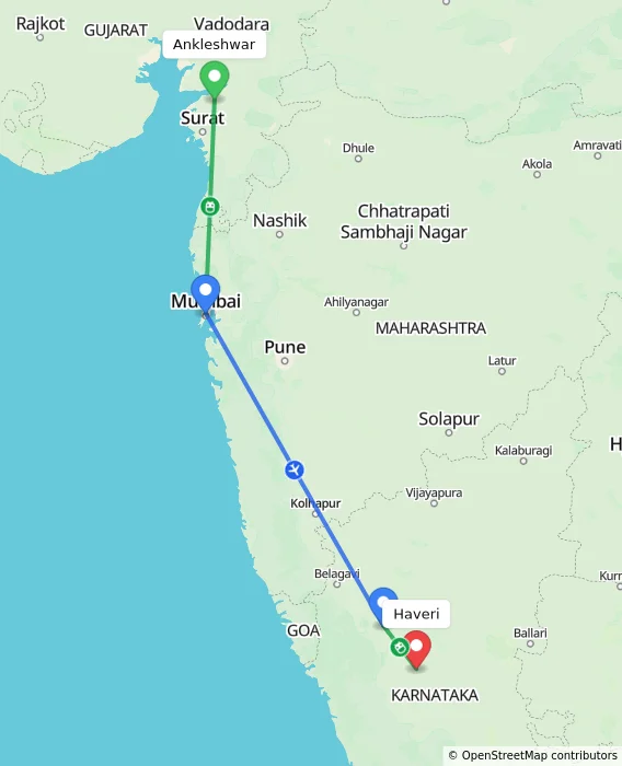 Route map showing distance and travel time from Ankleshwar, India to Haveri, India