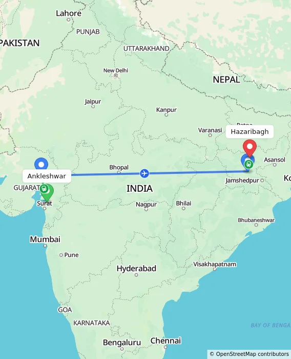 Route map showing distance and travel time from Ankleshwar, India to Hazaribagh, India