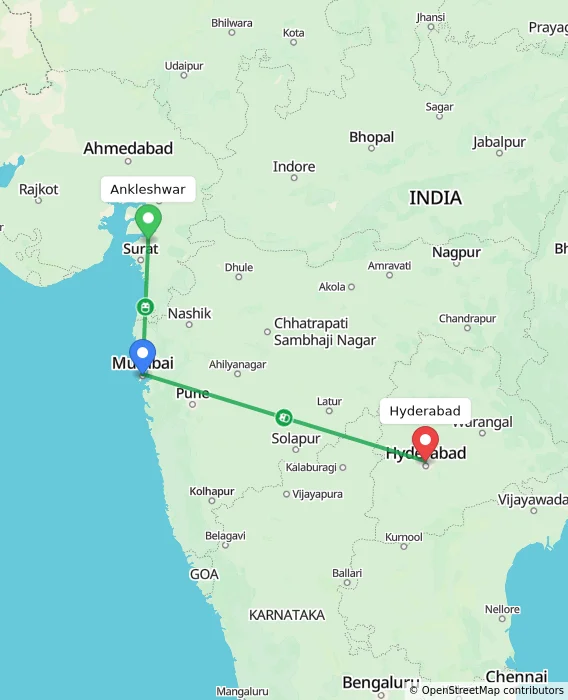 Route map showing distance and travel time from Ankleshwar, India to Hyderabad, India