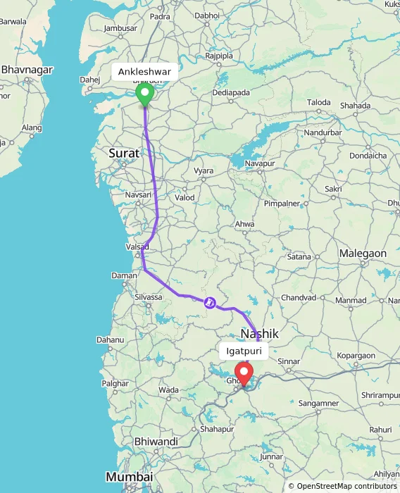 Route map showing distance and travel time from Ankleshwar, India to Igatpuri, India